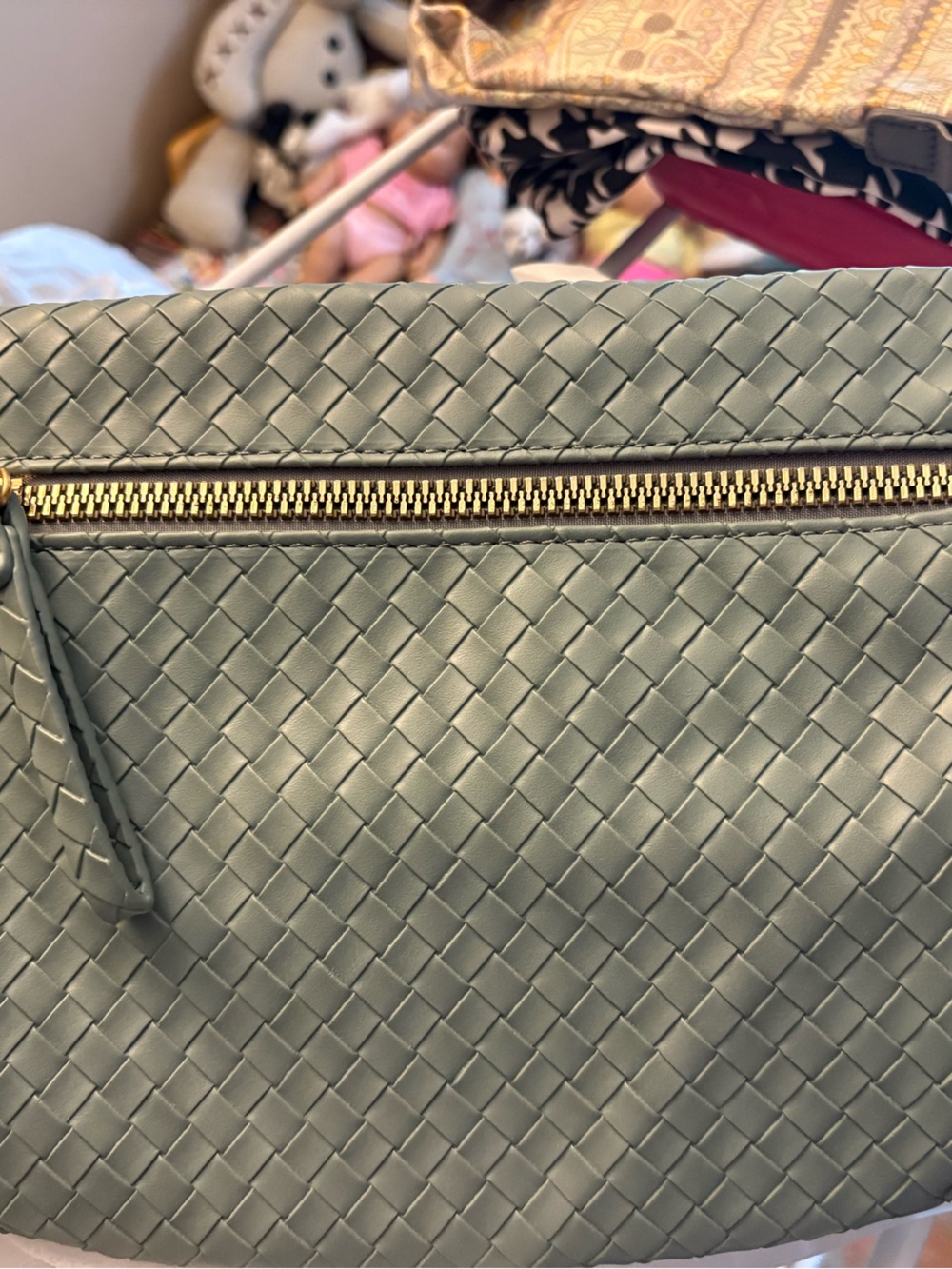 Woven Shoulder Bag in Sage Green with Gold Hardware